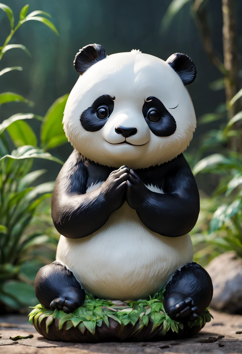 masterpiece, best quality,Blind box toy style, Ghibli style colors, From the side, atmospheric perspective, F/1.8, ultra high definition, masterpiece, precise, high detail, high quality, high resolution, a panda meditation, meditation, hands Folded, China Xiangyun, around, Flowing,