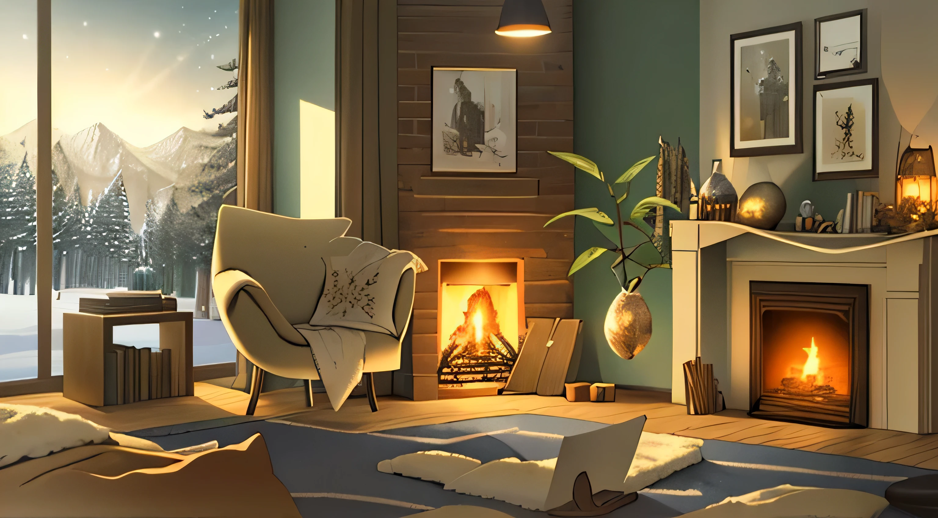 winter, cozy room, fireplace, guitar