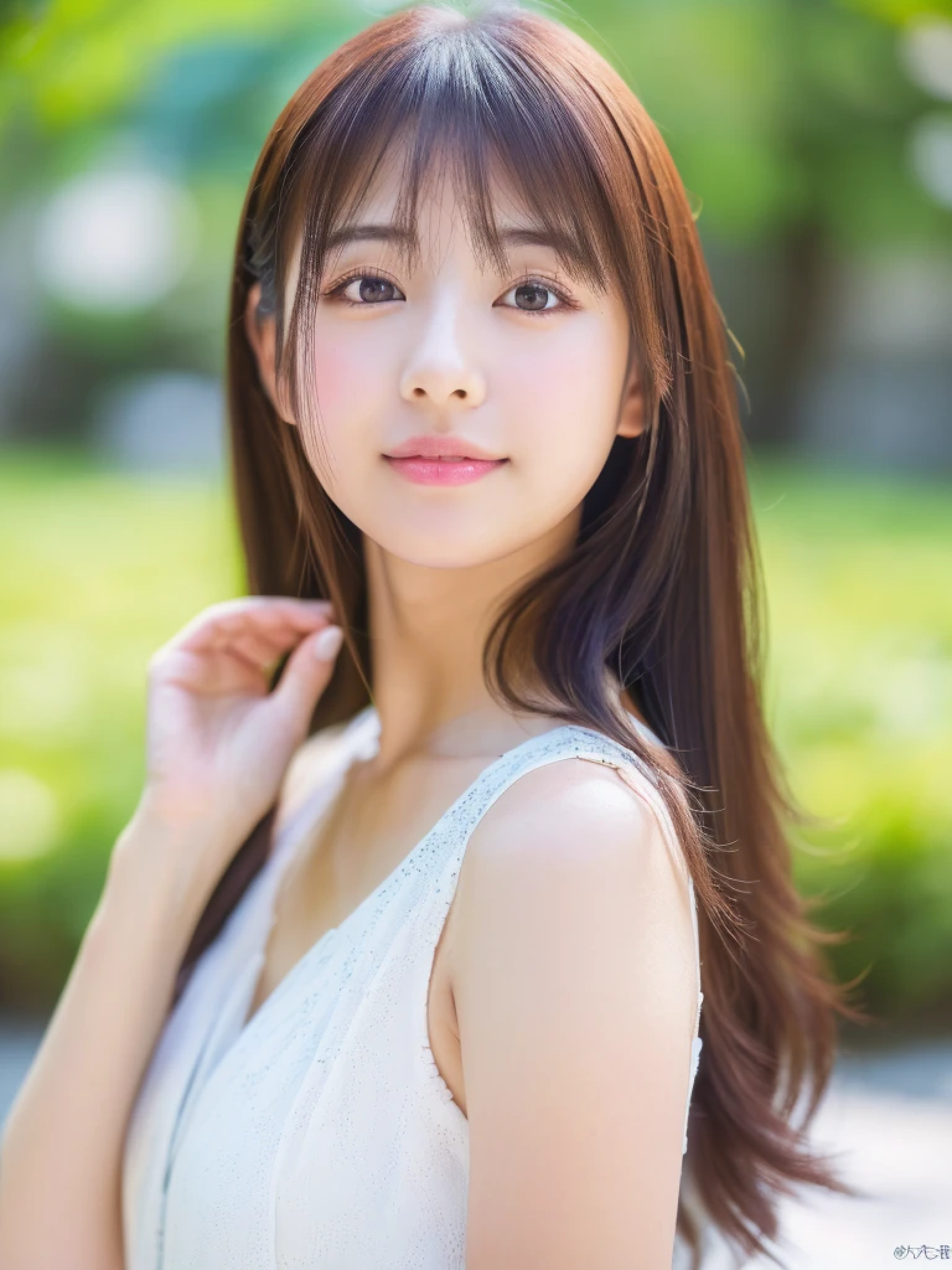 ((cute日本の女の子、beautiful japanese girl、1 girl、clear、19 years old、ponytail、Highly detailed face and skin texture、refinement、super detailed face、highly detailed eyes、Lee Hong、blush、cheek、ピンクのcheekを塗ったcheek、close-up of woman、 from the neck up、 Close to the camera、 positive face、Forward-facing body、look at the camera、front、cute、smooth white skin、Transparent skin texture、))、(dark brown hair、bangs)、beautiful woman with perfect style：1.4、japanese model、young gravure idol、若いcuteグラビアアイドル、Realistic young gravure idol、refinementされたグラビアアイドル、((highest quality、8K、masterpiece:1.3、１photograph))、(4K、RAWphotograph、highest quality)、(realistic、フォトrealistic:1.37)、Place someone on the other side of the screen、Natural light、