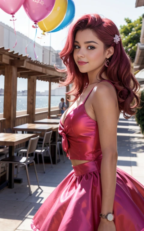 (La mejor calidad, Obra maestra), 1girl, 15 year old , brillar, vestido, Particle, viento, Flor, Parte superior del cuerpo, fondo , Mirada seductora , small nose , cabello largo , vestido de pinkie pie, vestido de fiesta , maquillaje , labios rojos , sombra de ojos , gran sonrisa , fondo variado , cafeteria , senos grandes , cabello rosa esponjoso , cabello rosado , pelo rosa esponjoso, foto de cuerpo completo , posando linda , senos grandes , pinkie Pie ,mlp , globos de fiesta
