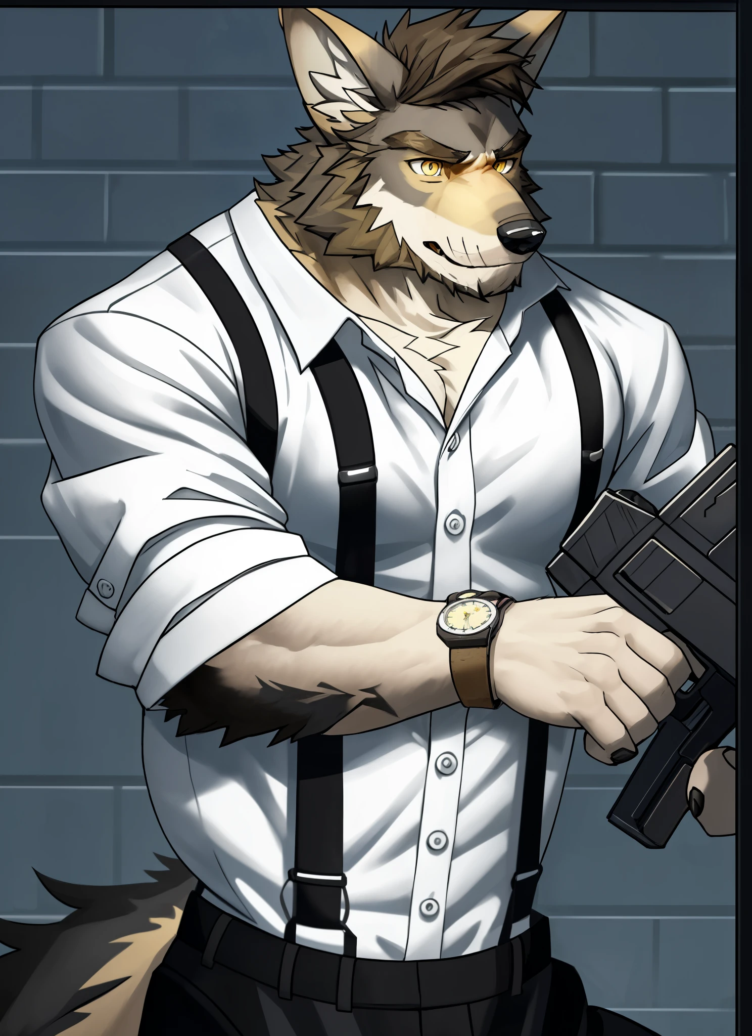 william adler, solo, shirt, 1boy, white shirt, upper body, male focus, collared shirt, pants, looking to the side, suspenders, pectorals, sleeves rolled up, watch, wristwatch, wolf ears, beard, yellow eyes, detailed eyes, gun, holding gun, prision, behind bars
