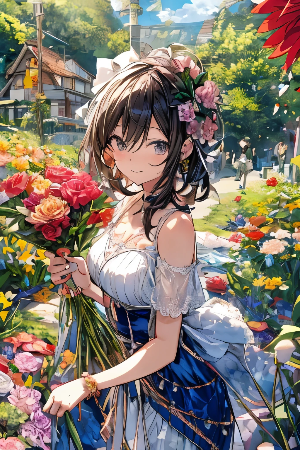 anime girl holding flowers, celebration, garden full of flowers, anime girl twirling, masterpiece, best quality, high quality