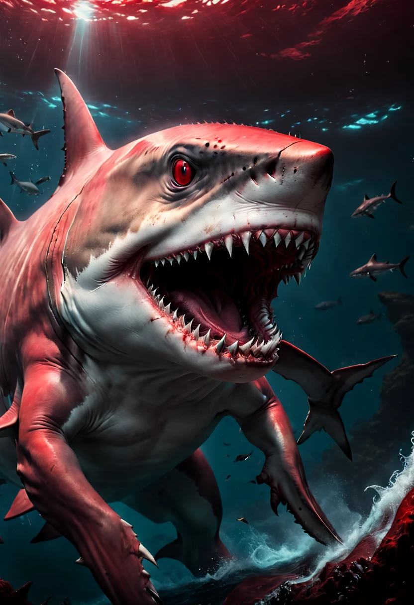 a ferocious Shark, red theme, dark fantasy, (best quality, masterpiece, 8k)