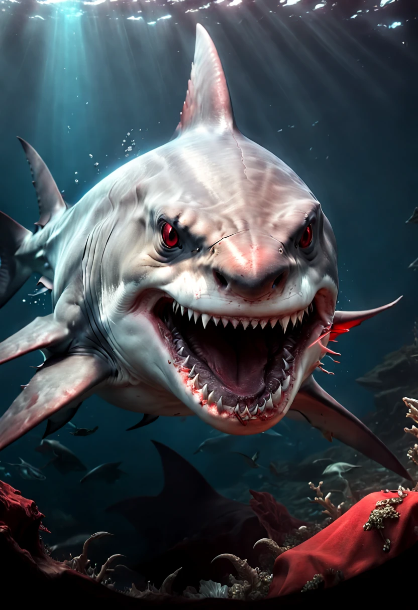 a ferocious Shark, red theme, dark fantasy, (best quality, masterpiece, 8k)