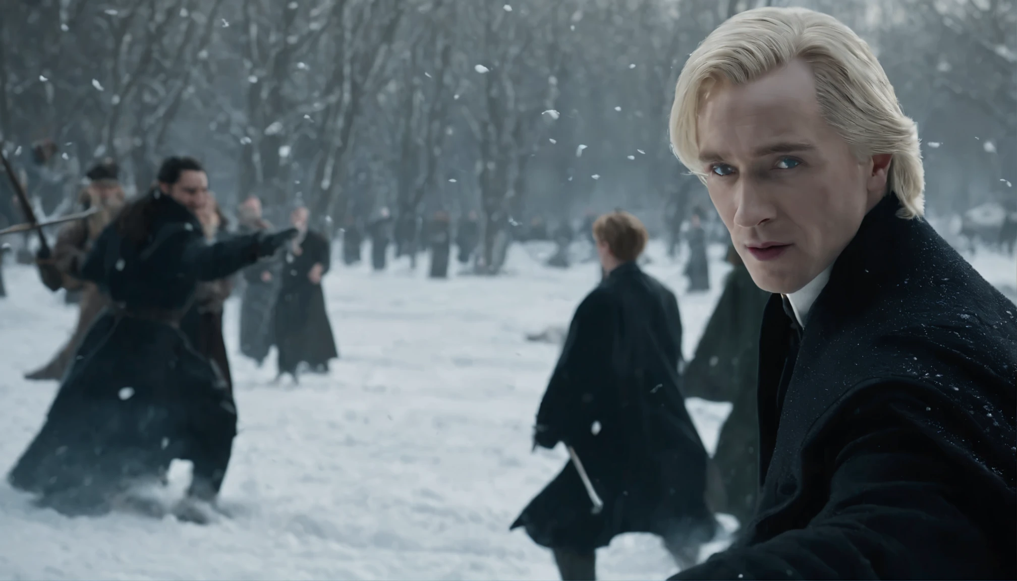 (best quality,4k,8k,highres,masterpiece:1.2),ultra-detailed,(realistic,photorealistic,photo-realistic:1.37),Professor Severus Snape and Draco Malfoy having a snowball fight together in Harbin, China. Fresh snow covers the ground, and the air is filled with excitement and laughter. The scene captures the essence of winter, with tall snow-covered trees and a distant mountain range visible in the background. The snowball fight is intense, with both Snape and Malfoy showing off their skills. Snape, with his striking pale complexion, hooked nose, and long, greasy black hair, is wearing his signature dark, billowing robes, which contrast beautifully against the white snow. His eyes are piercing, with a gaze that is equal parts fierce and mischievous. Draco Malfoy, with his fair complexion, blond hair, and aristocratic features, is finely dressed in a tailored black winter coat, with a fur collar that adds a touch of luxury to his ensemble. Both characters are passionately engaged in the snowball fight, jumping and ducking behind snow forts, leaving trails of snow in their wake. The snowballs they throw are perfectly formed, each packed tightly with snow, ready to explode on impact. The snowflakes in the air sparkle with the afternoon sunlight, creating a magical atmosphere. The colors are vivid and vibrant, showcasing the winter wonderland in all its glory. The lighting is soft yet with a hint of warmth, capturing the golden hues of the setting sun. The artwork exudes a sense of joy, camaraderie, and adventure, freezing this fleeting moment of fun in time.