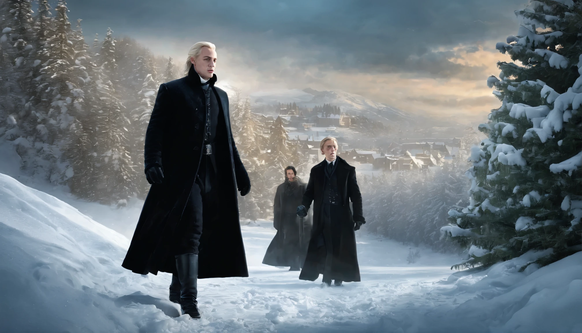 (best quality,4k,8k,highres,masterpiece:1.2),ultra-detailed,(realistic,photorealistic,photo-realistic:1.37),Professor Severus Snape and Draco Malfoy having a snowball fight together in Harbin, China. Fresh snow covers the ground, and the air is filled with excitement and laughter. The scene captures the essence of winter, with tall snow-covered trees and a distant mountain range visible in the background. The snowball fight is intense, with both Snape and Malfoy showing off their skills. Snape, with his striking pale complexion, hooked nose, and long, greasy black hair, is wearing his signature dark, billowing robes, which contrast beautifully against the white snow. His eyes are piercing, with a gaze that is equal parts fierce and mischievous. Draco Malfoy, with his fair complexion, blond hair, and aristocratic features, is finely dressed in a tailored black winter coat, with a fur collar that adds a touch of luxury to his ensemble. Both characters are passionately engaged in the snowball fight, jumping and ducking behind snow forts, leaving trails of snow in their wake. The snowballs they throw are perfectly formed, each packed tightly with snow, ready to explode on impact. The snowflakes in the air sparkle with the afternoon sunlight, creating a magical atmosphere. The colors are vivid and vibrant, showcasing the winter wonderland in all its glory. The lighting is soft yet with a hint of warmth, capturing the golden hues of the setting sun. The artwork exudes a sense of joy, camaraderie, and adventure, freezing this fleeting moment of fun in time.