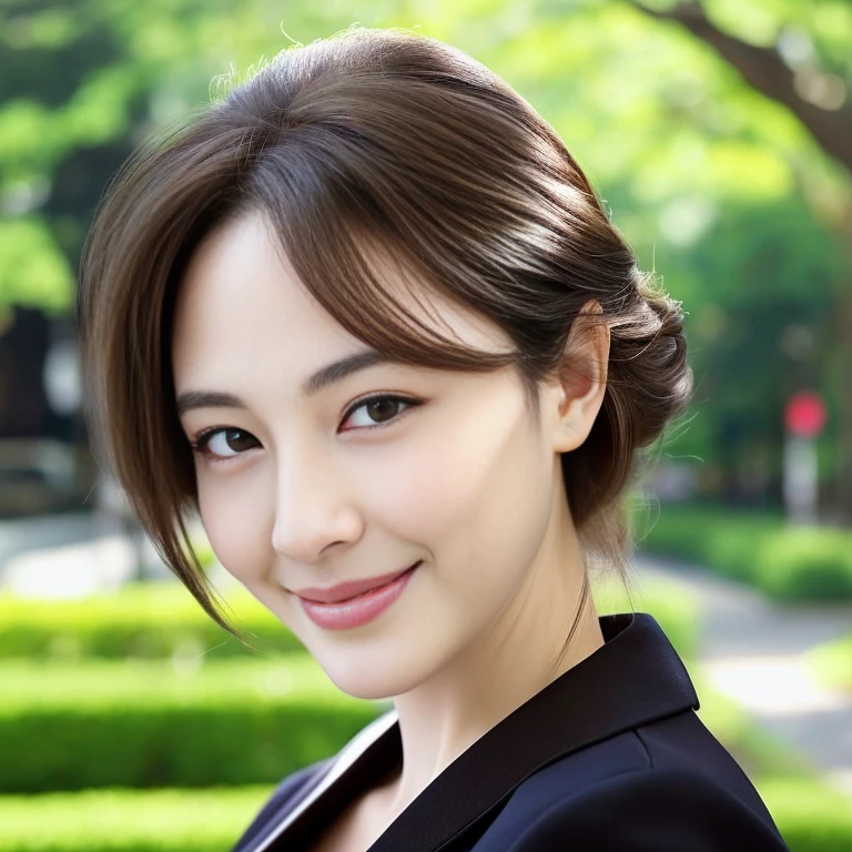 ((Angelina Sole)),((highest quality, 8K, masterpiece : 1.3)), sharp focus : 1.2, beautiful woman with perfect figure : 1.4, slim abs : 1.2, ((dark brown hair)), (Natural light, city street : 1.1), Highly detailed face and skin texture, fine eyes, double eyelid、((professional makeup:1.3))、((sexy milf:1.3))、thick lips、lip gloss、eye make up、smile、A walk in the park near my house、turn around、black dress、whole body、