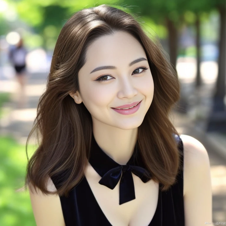((Angelina Sole)),((highest quality, 8K, masterpiece : 1.3)), sharp focus : 1.2, beautiful woman with perfect figure : 1.4, slim abs : 1.2, ((dark brown hair)), (Natural light, city street : 1.1), Highly detailed face and skin texture, fine eyes, double eyelid、((professional makeup:1.3))、((sexy milf:1.3))、thick lips、lip gloss、eye make up、smile、A walk in the park near my house、turn around、black dress、whole body、