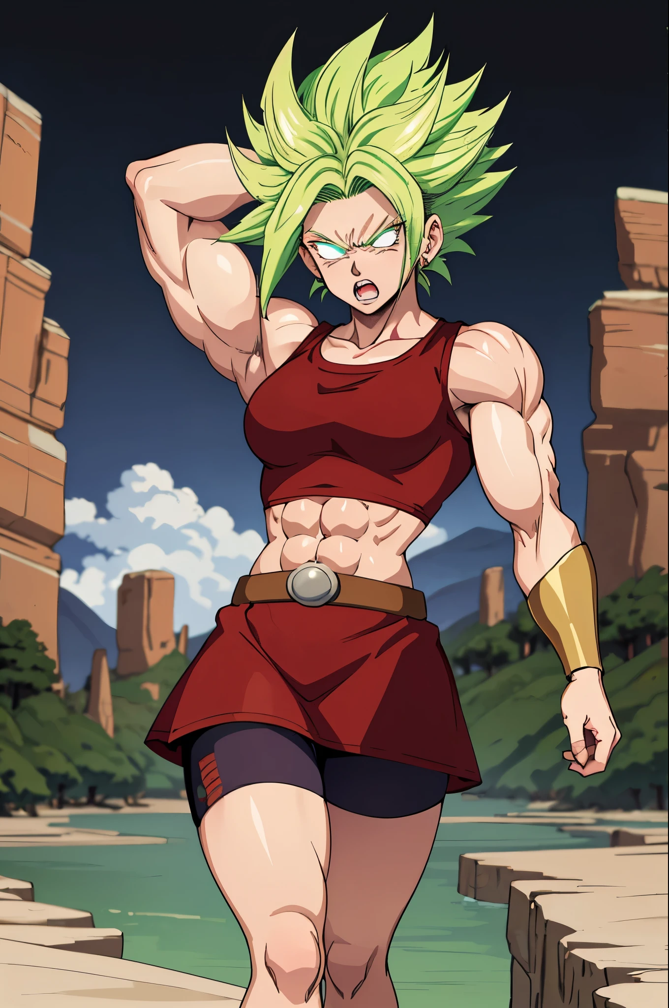 masterpiece, best quality, berserkKale, green hair, muscular female, no pupils, red tank top, red skirt, bracer, midriff, shorts under skirt, looking at viewer, open mouth, furrowed brow, angry, rock formations, standing 