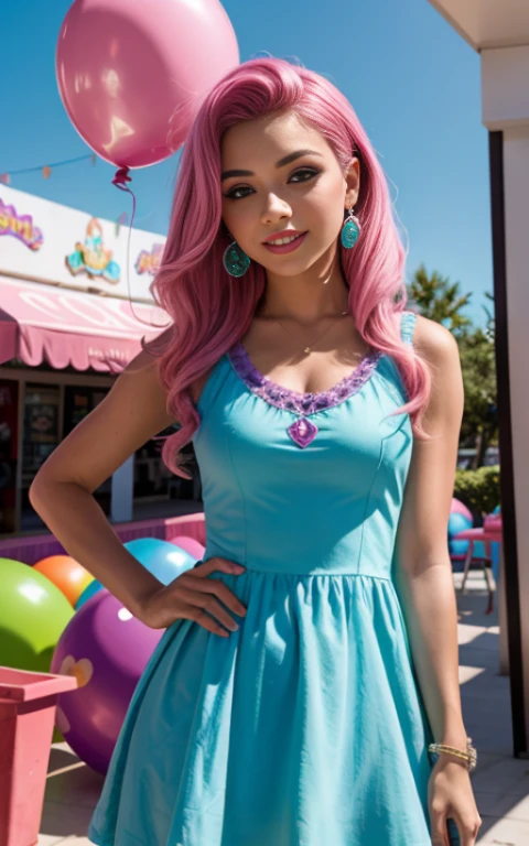 (La mejor calidad, Obra maestra), 1girl, 15 year old , brillar, vestido, Particle, viento, Flor, Parte superior del cuerpo, fondo , Mirada seductora , small nose , cabello largo , vestido de pinkie pie, vestido de fiesta , maquillaje , labios rojos , sombra de ojos , gran sonrisa , fondo variado , cafeteria , senos grandes , cabello rosa esponjoso , cabello rosado , pelo rosa esponjoso, foto de cuerpo completo , posando linda , senos grandes , pinkie Pie ,mlp , globos de fiesta , divercion con amigas , equestria girls , my little pony