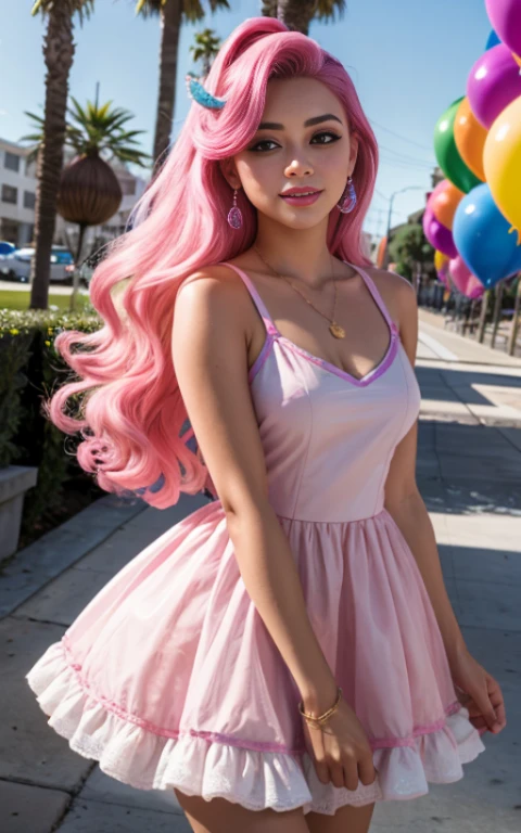 (La mejor calidad, Obra maestra), 1girl, 15 year old , brillar, vestido, Particle, viento, Flor, Parte superior del cuerpo, fondo , Mirada seductora , small nose , cabello largo , vestido de pinkie pie, vestido de fiesta , maquillaje , labios rojos , sombra de ojos , gran sonrisa , fondo variado , cafeteria , senos grandes , cabello rosa esponjoso , cabello rosado , pelo rosa esponjoso, foto de cuerpo completo , posando linda , senos grandes , pinkie Pie ,mlp , globos de fiesta , divercion con amigas , equestria girls , my little pony