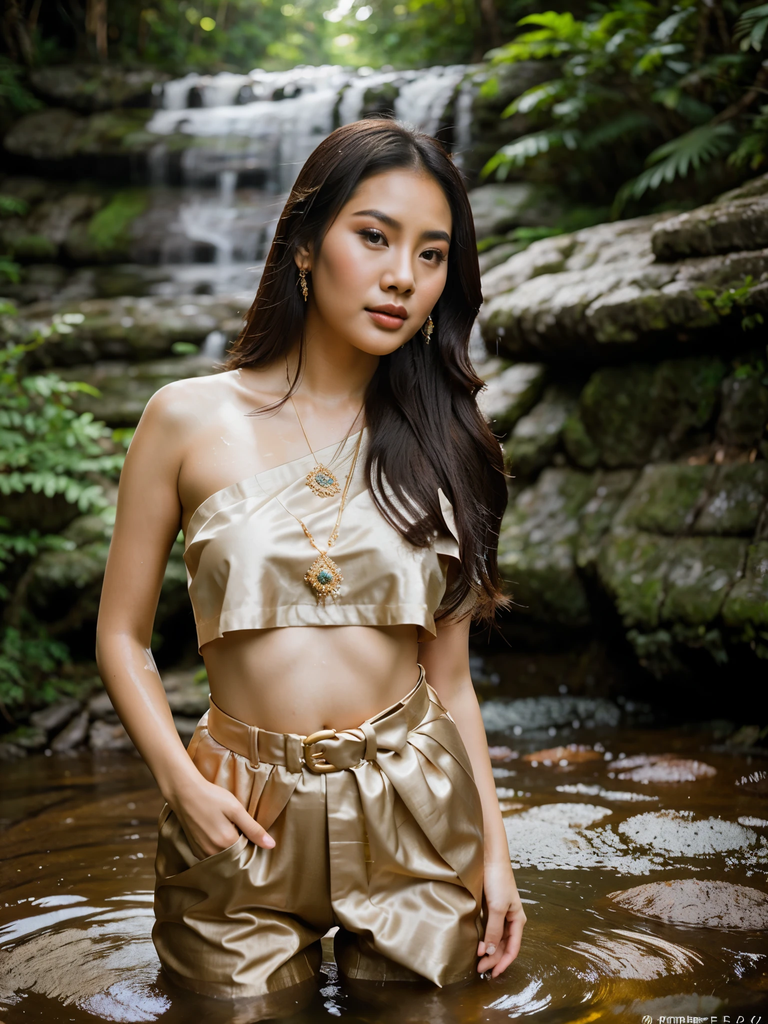 masterpiece, highest quality, HDR, high contrast,    ((beautiful girl, Thai Female Soldier)),   long ponytail hair,  highly detailed lips,     detailed eyes,     double eyelid,    Make-up face.

((flchut thai dresses, strapless shirts)),

Long legs_full body.     Sit down.    at the edge of the waterfall