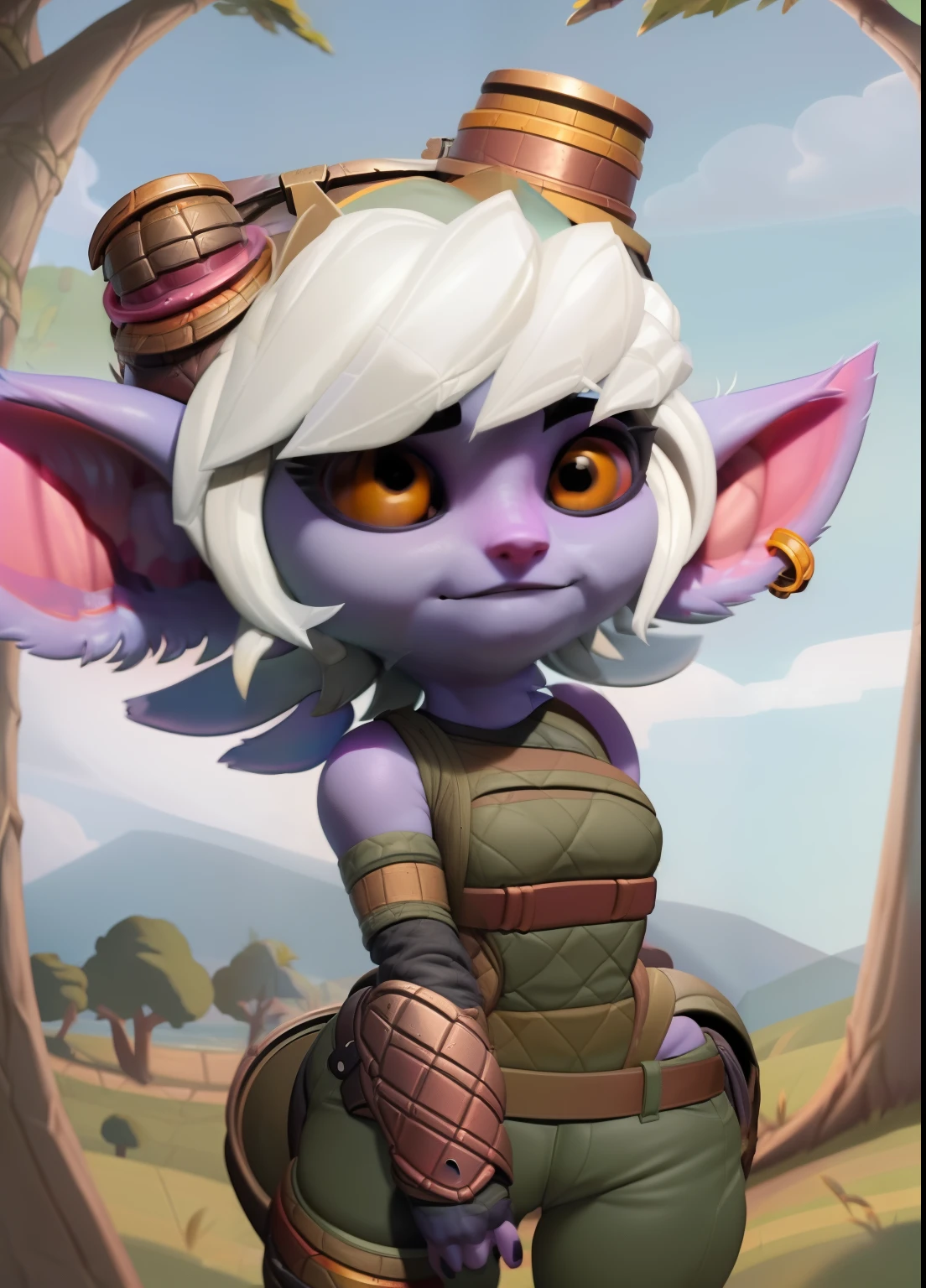 Tristana, 1 chica, de pie, retrato, safety glasses, top corto, pantalones verdes, guantes sin dedos, Solo, (Mejor calidad), (Fondo de League of Legends al aire libre:1.2), pechos grandes, dramatic lighting, cabello detallado, mirando al espectador, 