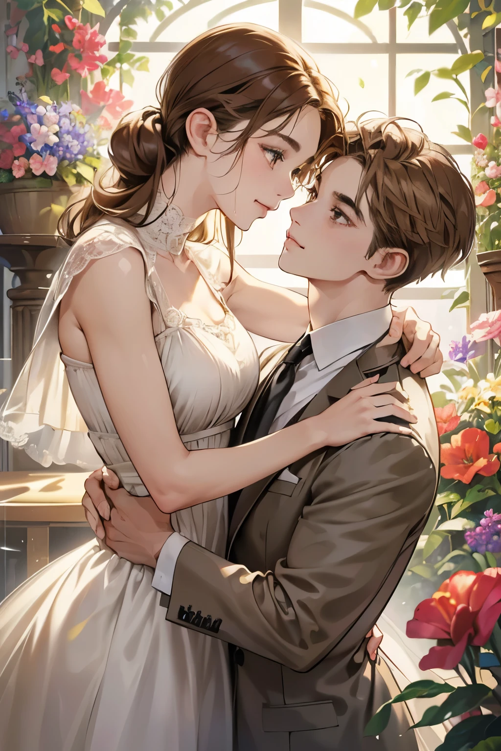 (table top, digital art, digital illustration, 4K, 8K, super detailed, beautiful images, clear image, realistic, RAW photo, perfect face, perfect lines, perfect eyes, soft lighting) 1 female, (light brown hair,chignon hair,innocent look,droopy eyebrows,drooling eyes,With a round face,Round jaws、innocence,cute,Big eyes,natural makeup,smile gently,E cup,23 year old female:1.3),Two handsome men in suits, (human,Men in suits,muscular,Firm shoulder width, mannish hairstyle,A man in his 30s with a cool expression,28-year-old man with bright smile:1.2),flower shop,flower shopの店先で,Flower Cottage,colorful flowers,lots of flowers、couple dancing