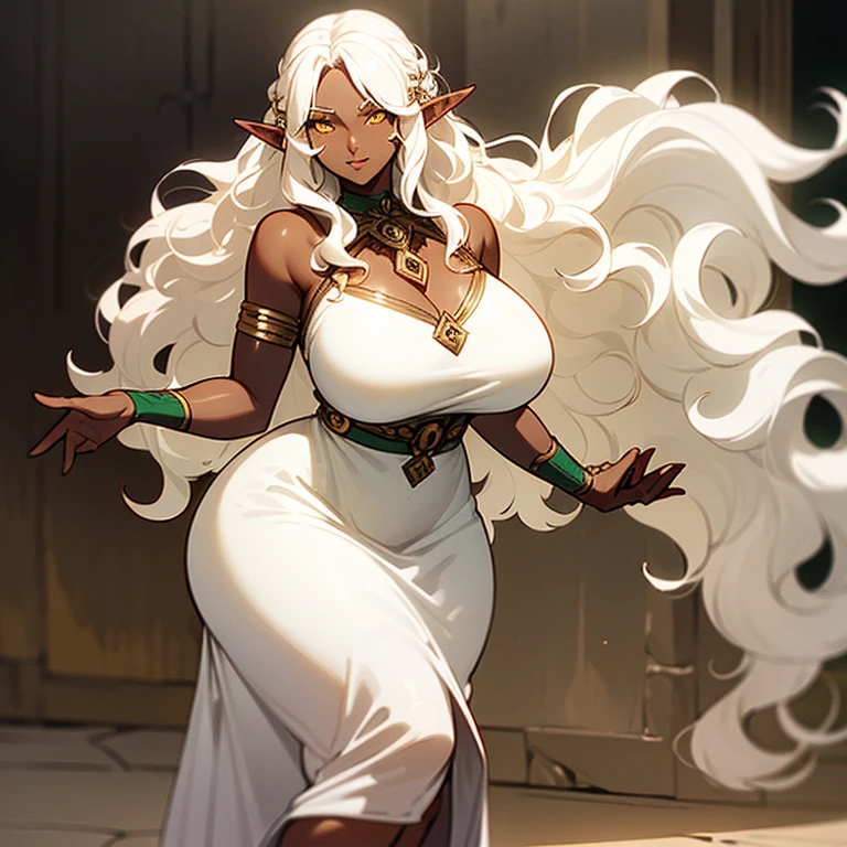 (((An elf milf woman alone))),(((Dark Skin))),(((yellow eyes))),(((wavy white hair))),((curvy body)), (((nice dress)))