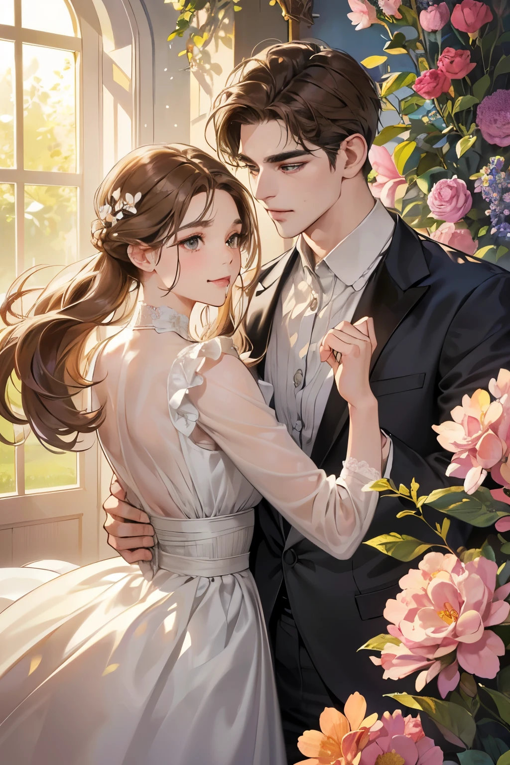 (table top, digital art, digital illustration, 4K, 8K, super detailed, beautiful images, clear image, realistic, RAW photo, perfect face, perfect lines, perfect eyes, soft lighting) 1 female, (light brown hair,chignon hair,innocent look,droopy eyebrows,drooling eyes,With a round face,Round jaws、innocence,cute,Big eyes,natural makeup,smile gently,E cup,23 year old female:1.3),Two handsome men in suits, (human,Men in suits,muscular,Firm shoulder width, mannish hairstyle,A man in his 30s with a cool expression,28-year-old man with bright smile:1.2),flower shop,flower shopの店先で,Flower Cottage,colorful flowers,lots of flowers、couple dancing
