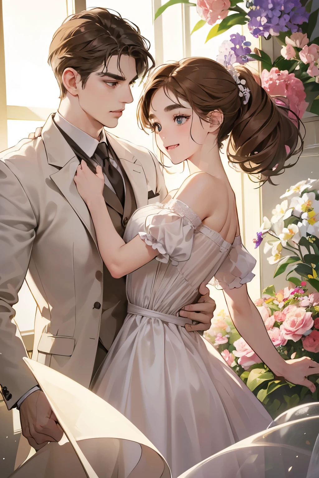 (table top, digital art, digital illustration, 4K, 8K, super detailed, beautiful images, clear image, realistic, RAW photo, perfect face, perfect lines, perfect eyes, soft lighting) 1 female, (light brown hair,chignon hair,innocent look,droopy eyebrows,drooling eyes,With a round face,Round jaws、innocence,cute,Big eyes,natural makeup,smile gently,E cup,23 year old female:1.3),Two handsome men in suits, (human,Men in suits,muscular,Firm shoulder width,  mannish hairstyle,A man in his 30s with a cool expression,28-year-old man with bright smile:1.2),flower shop,flower shopの店先で,Flower Cottage,colorful flowers,lots of flowers、couple dancing