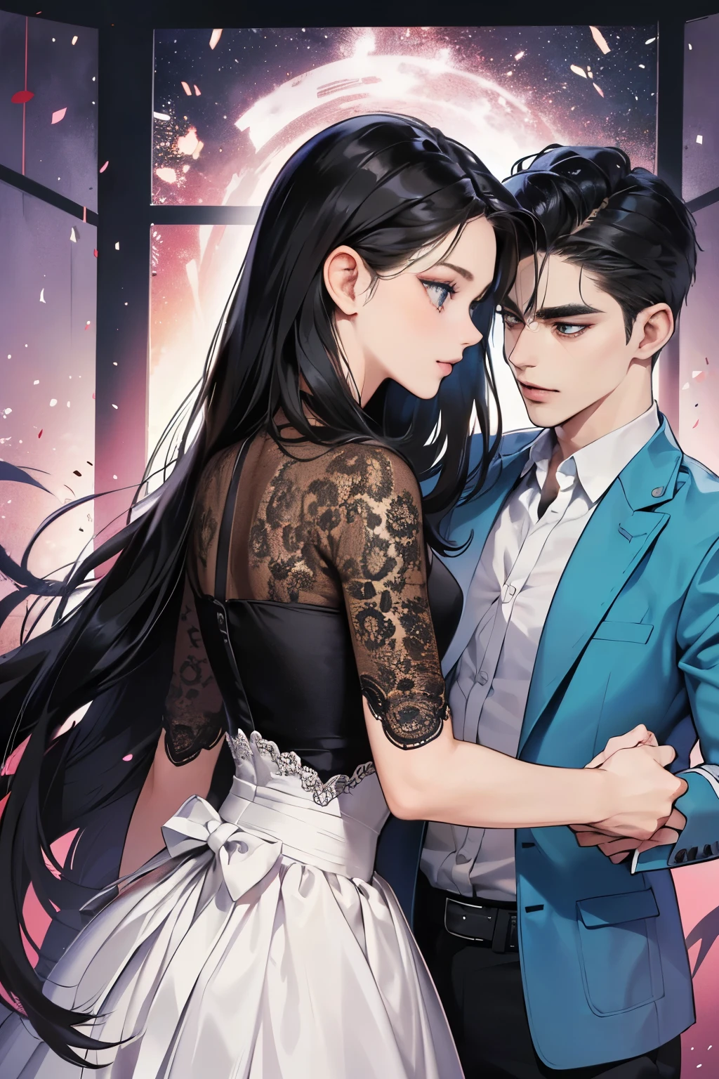 (table top, digital art, digital illustration, 4K, 8K, super detailed, beautiful images, clear image, realistic, RAW photo, perfect face, perfect lines, perfect eyes, soft lighting) 1 female, (long black hair,straight hair,Bullish gaze,beautiful woman,Solid makeup,23 year old female,small breasts:1.3),secretary, Two handsome men in suits, (human,Men in suits,muscular,Firm shoulder width,adult male,boyish hairstyle,british gentleman's style,A man in his 30s with a cool expression,28-year-old man with bright smile:1.2),Bright Western-style room、white wall、couple dancing