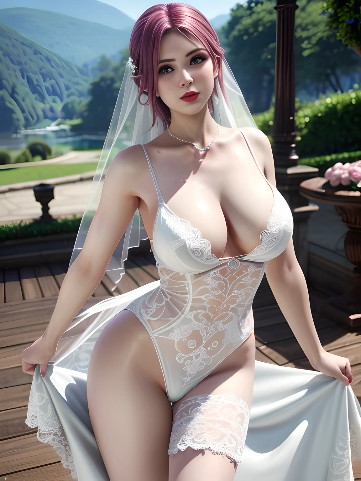 ((bottom view)),1 girl,alone,Alice,(in wedding dresses:1.4),jewelry,grace,tattoo,(((red lips))), Lips slightly open, lustful smile,  clavicle,charming figure,huge breasts,Charming cleavage,((8k, original photo, top quality, masterpiece), HD RAW color photos professional close-up photos, (actual, photorealism: 1.37), (best quality), (best shade),  ((erotic, Sexy, ultra high resolution, HD CG unified 8K wallpaper, Physically based rendering, movie lighting),