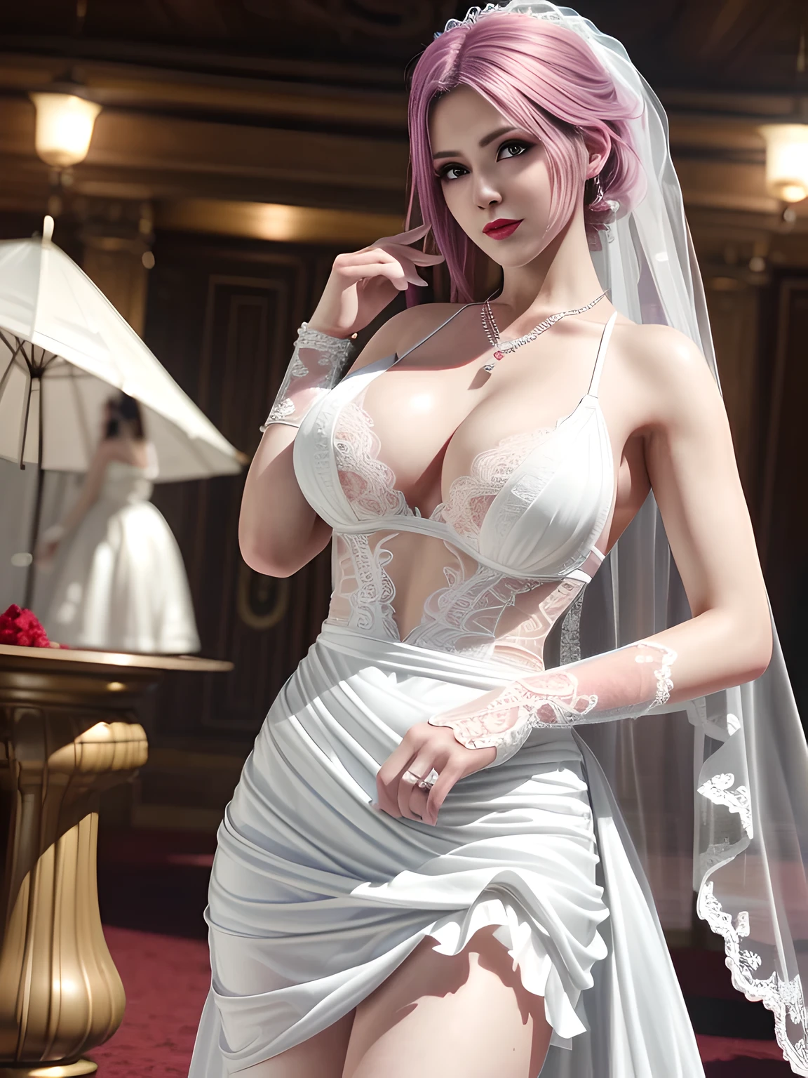 ((bottom view)),1 girl,alone,Alice,(in wedding dresses:1.4),jewelry,grace,tattoo,(((red lips))), Lips slightly open, lustful smile,  clavicle,charming figure,huge breasts,Charming cleavage,((8k, original photo, top quality, masterpiece), HD RAW color photos professional close-up photos, (actual, photorealism: 1.37), (best quality), (best shade),  ((erotic, Sexy, ultra high resolution, HD CG unified 8K wallpaper, Physically based rendering, movie lighting),