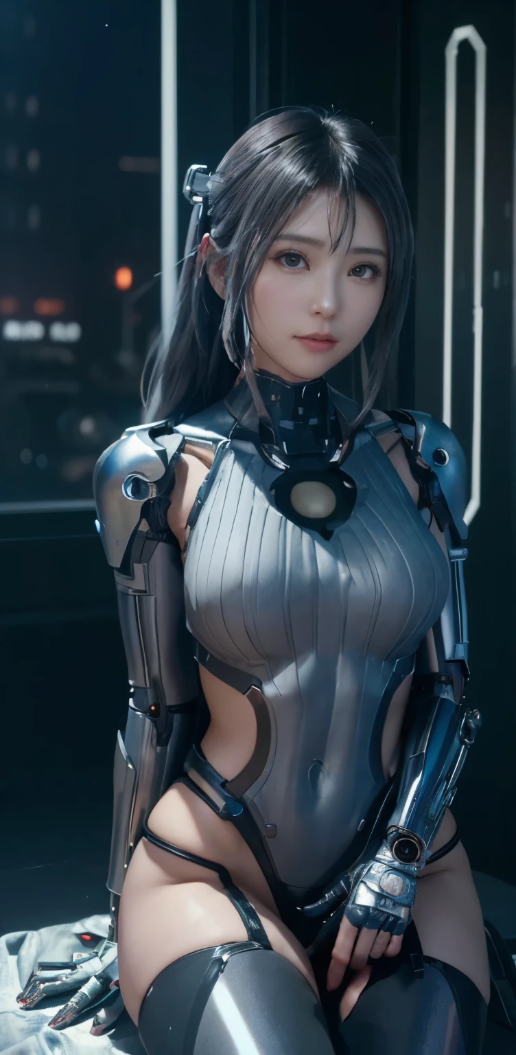 masterpiece、((gray sweater))、 ((plug suit)), ((beautiful girl:1.2))、i have no arms.、mechanized body、Mechanized chest and abdomen、mechanized occiput、Mecha leg rack metallic suit that fits perfectly to the body、 Are standing、tied up、金属robot、((cyberpunk background))、(neon light)、(Futuristic machine factory background)、Cyberdyne、artificial body、All metal body、ironwork、abdominal mechanism、((robotアームとハンド))、((robotの足))、((machine neck))、Inside the spaceship、beautiful girl、16 years old、asian beauty, (Actuator and cable exposed from abdomen.、金属製robotの首から胴体までつながっている、Complex 3d rendering beautiful porcelain profile super be familiar withd female android face、cyborg、robot部品、150mm、Soft light in a beautiful studio、rim light、vivid details、gorgeous cyberpunk、Ren Hao、超realistic、anatomical、facial muscles、cable wire microchip、elegant、beautiful background、octane rendering、HR giger style、8K、highest quality、masterpiece、enlightenment、very delicate and beautiful、 非常にbe familiar withなCG、unity、wallpaper、(realistic、Photoreal:1.37)、wonderful、be familiar with、masterpiece、highest quality、official art、Highly be familiar withd CG unity 8k wallpaper、absurd、incredibly absurd、、robot、silver beads、Full body Esbian、sit on top