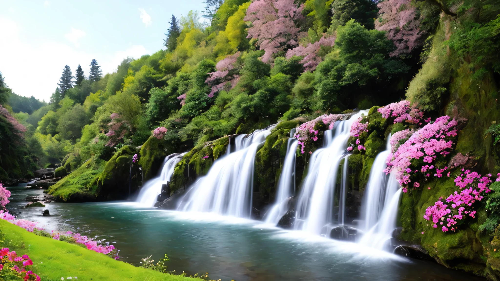 a painting of a cascade with pink flowers and green leaves on the winter with snow white, flowers and cascades, peaceful beau cascade, beau wallpaper, beau stunning cascade, very beau photo, fond d&#39;écran incroyable, beau cascade, cascade background, pink cascades, fond d&#39;écran HD, beaux arrière-plans, cascade(beau, fond d&#39;écran naturel, stunning cascade, fond incroyable, fond d&#39;écran nature animé, beau nature, with trees and cascades