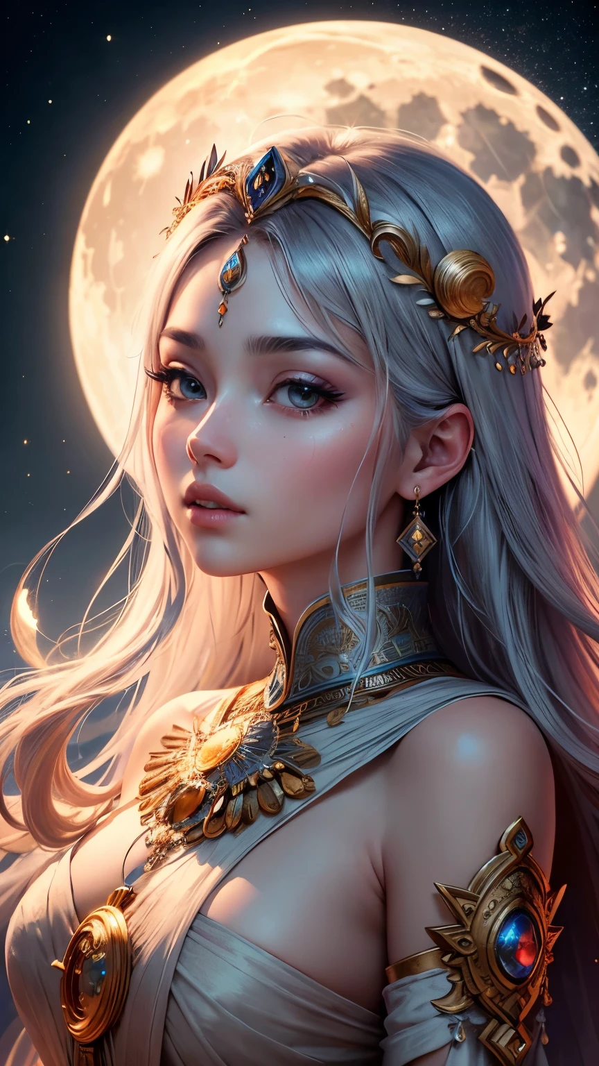 masterpiece,highest quality,Unity 8k wallpaper,super detailed face,Photograph Taken on Nikon D750,beautiful and aesthetic,goddess of the moon,Beautiful woman,face forward,Gassho,Full moon background,glitter background