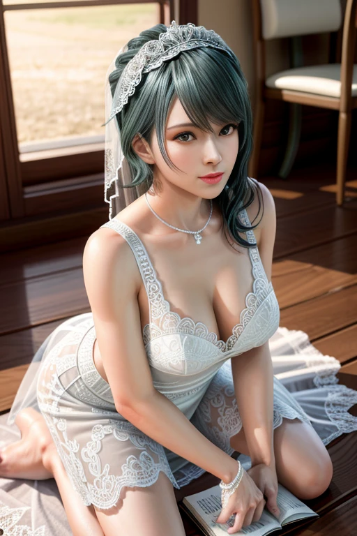 ((bottom view)),1girl,Tamaki,grace,(Wearing Wedding dress:1.4),reading a book,Jewelry,Tattoos,slightly parted lips, lewd smile, red lips,charming body,huge breasts,Charming cleavage,((8k, RAW photos, top quality, masterpieces), high-definition RAW color photos professional close-up photos), (realistic, photorealism: 1.37), (highest quality), (best shadows), ((erotic, sexy), ultra high resolution, high-definition CG unified 8K wallpapers, physically based rendering, movie lighting),