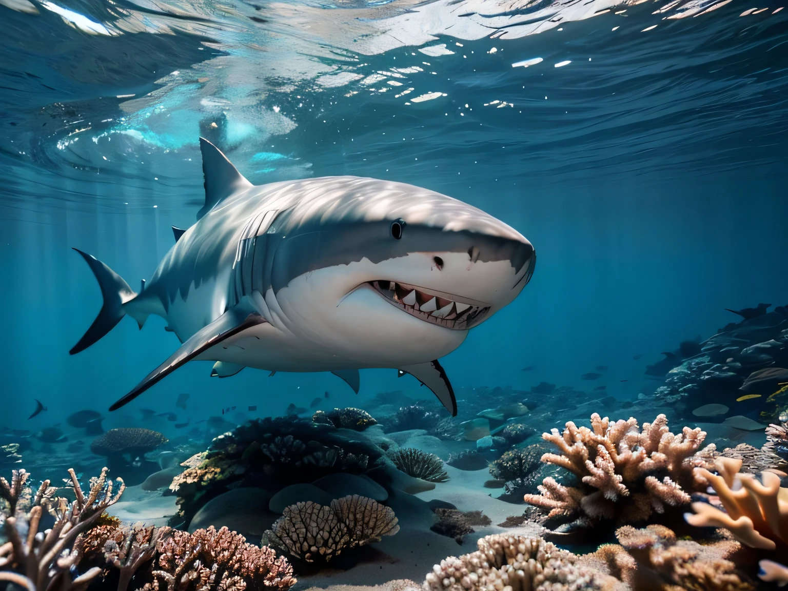shark,Great white shark,ocean,Walking among corals,Underwater world,masterpiece,Ultra-clear,soft light,