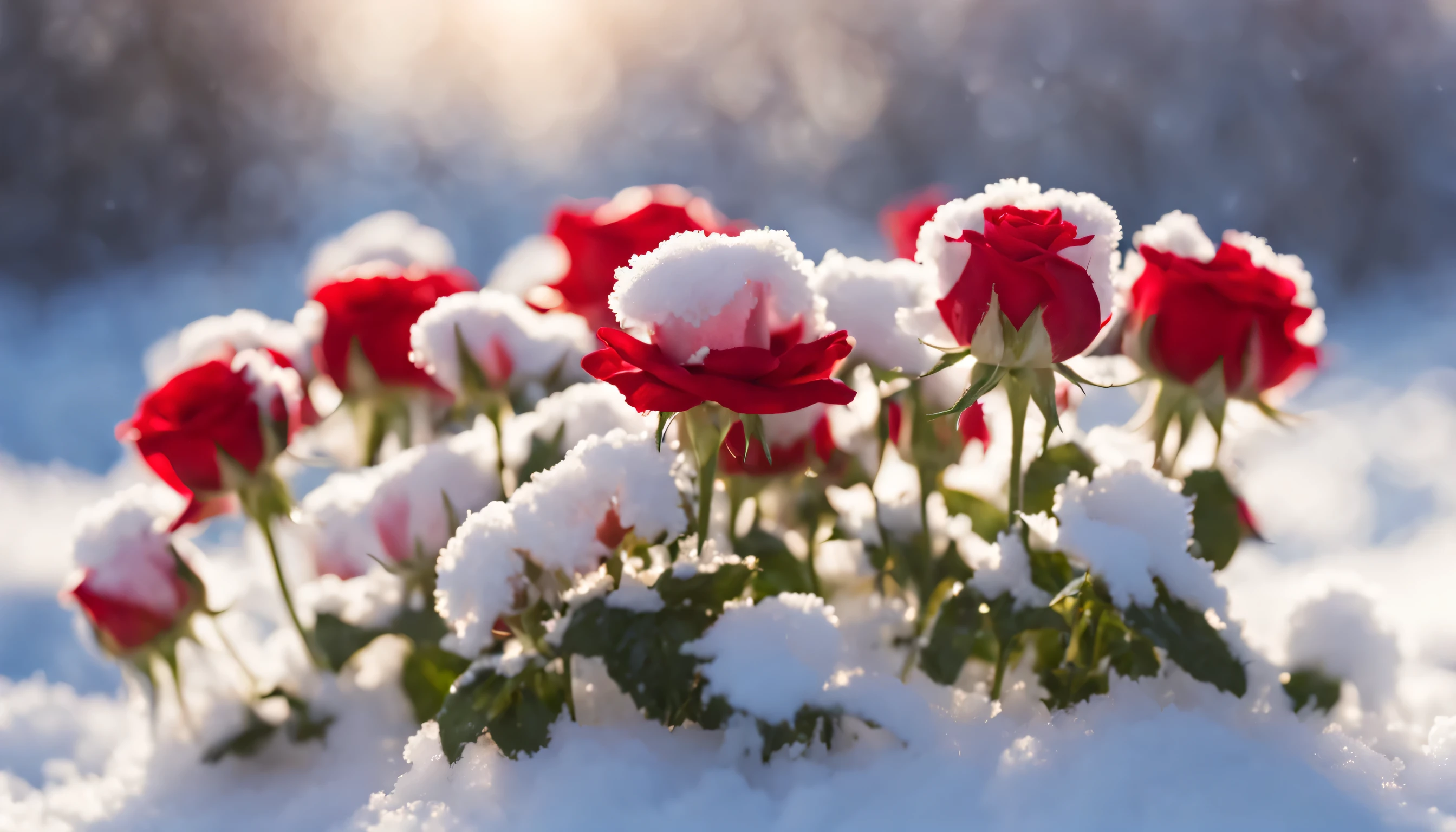 Many red and white color rose flowers in the garden and snowvy sunlight with bokeh, snow drops on flower petalasterpiece, ultra quality, high resolution, 8k, intricate: 1.2), (masterpiece), (best quality:1)