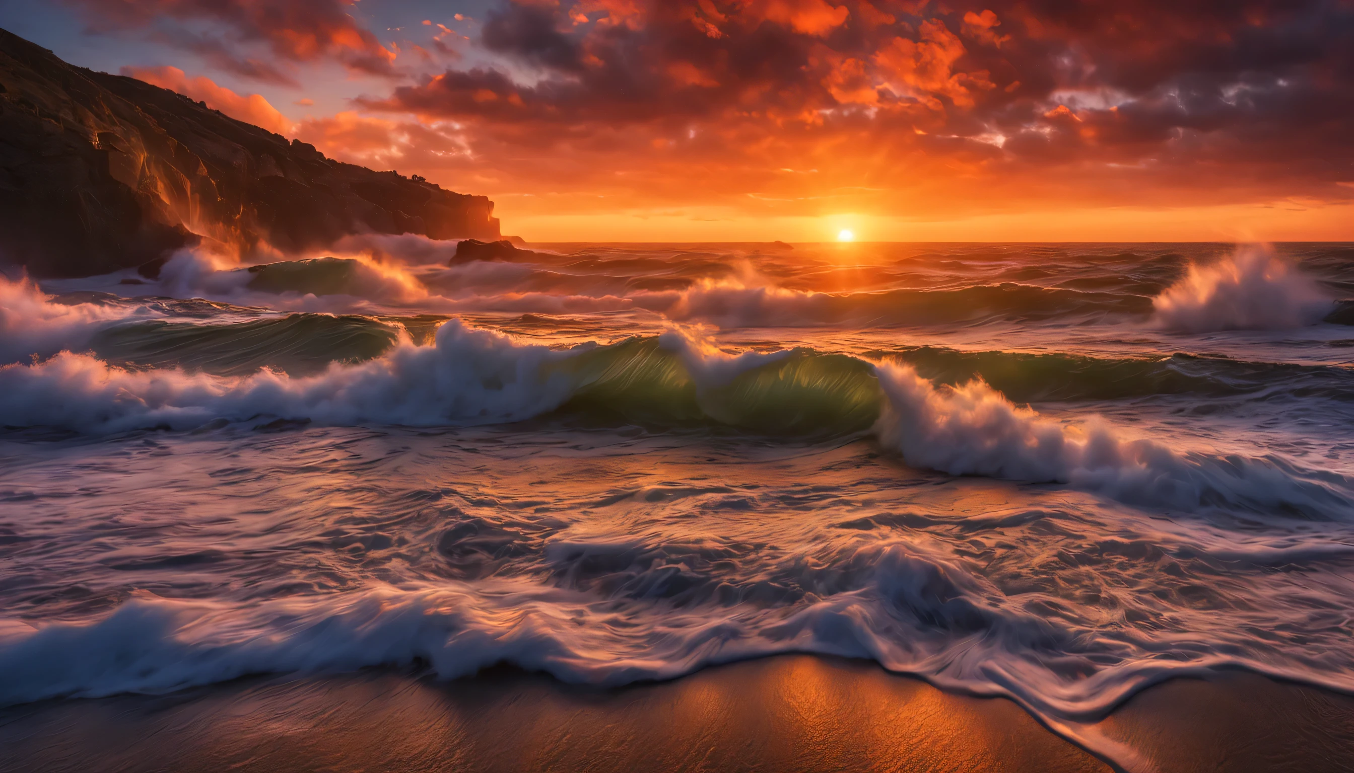 arafed view of a sunset over the ocean with waves crashing, chaotic sea setting, vibrant sunrise, breathtaking colors, breathtaking look, vibrant sunset, breathtaking composition, beautiful sea landscapes, stunning sunset, magnificent background, sunset glow, beautiful background, beautiful dreamy breathtaking, marc adamus, warm beautiful scene, epic sunset, beautiful sunset, beautiful sunset glow, beautiful ocean
