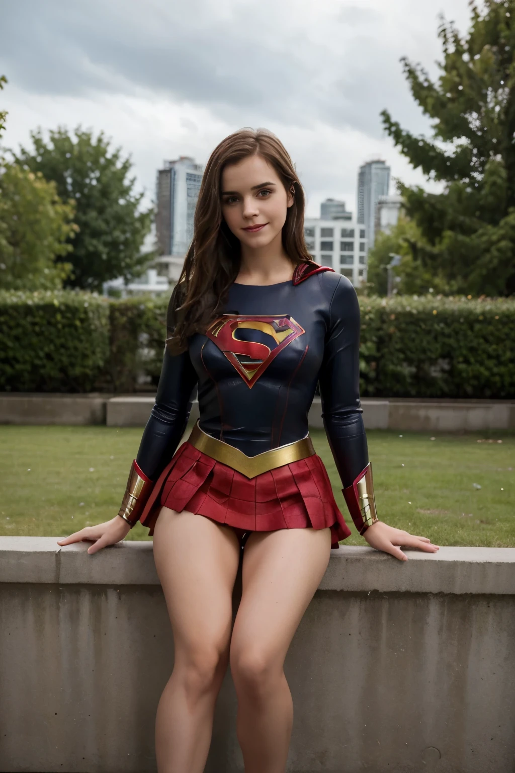 RAW, Best quality, high resolution, realistic, masterpiece: 1.3), emma watson as Supergirl, black hair, perfect nose,perfect lips, perfect eyes, smiling, detail :1.2),1 supergirl in short red skirt, shinny blue skinsuit, full body image detail, watery eyes, RAW, Best quality, high resolution, masterpiece, soft smile, sitting high on the fence, spread legs wide open showing white lace panties, red skirt, show cameltoe, medium thick thigh, supergirl, outdoor Vancouver city, cloudy weather, full body picture.