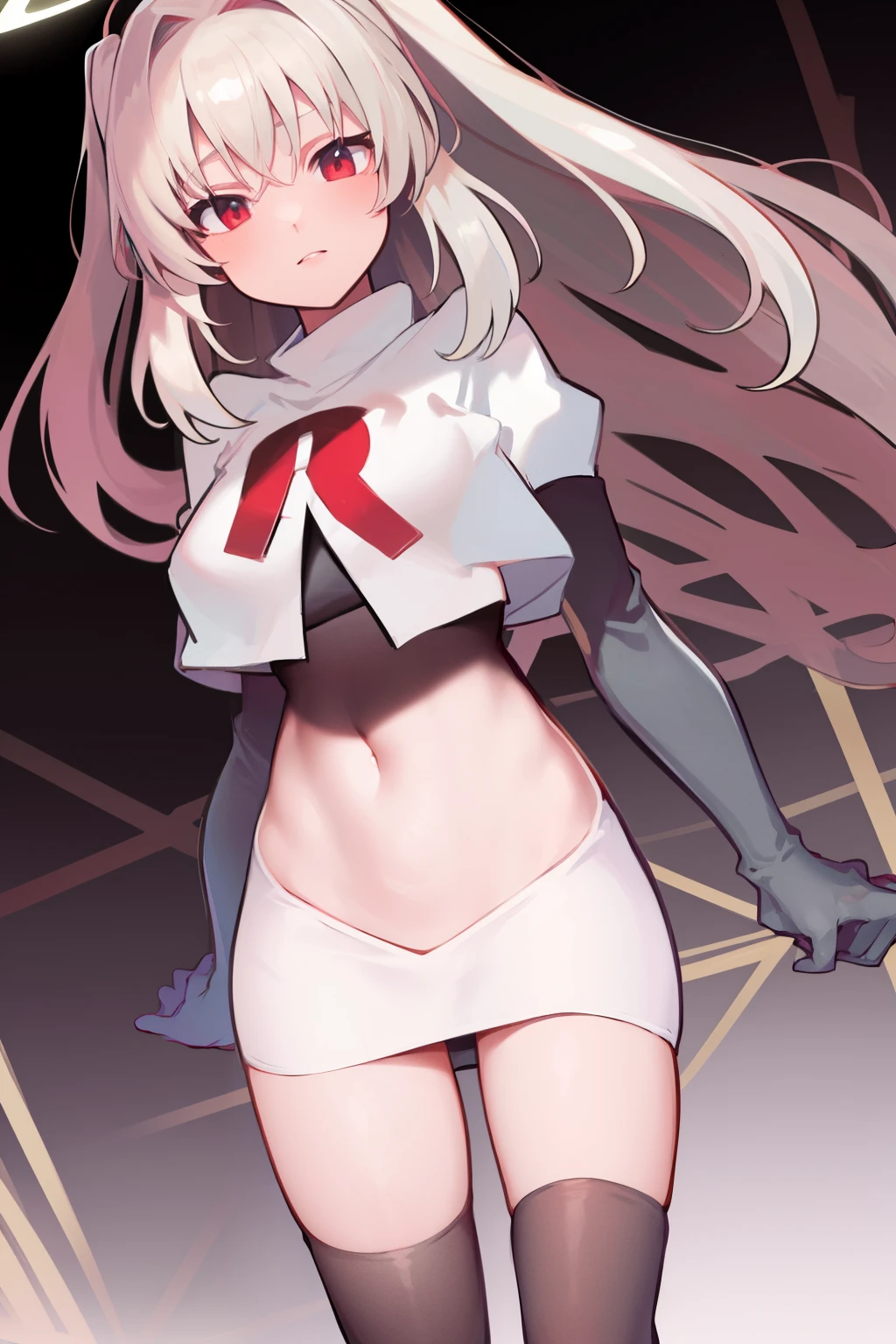 ((extreme detail)),(ultra-detailed),(painting), extremely detailed CG unity 8k wallpaper,best quality,sakurako, halo, looking at viewer, team rocket,team rocket uniform, red letter R, white skirt,white crop top,black thigh-highs,black elbow gloves,