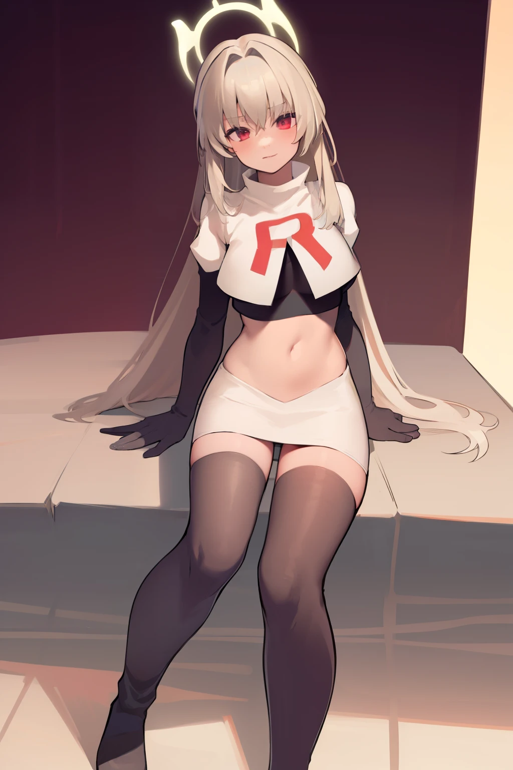 ((extreme detail)),(ultra-detailed),(painting), extremely detailed CG unity 8k wallpaper,best quality,sakurako, halo, looking at viewer, team rocket,team rocket uniform, red letter R, white skirt,white crop top,black thigh-highs,black elbow gloves,