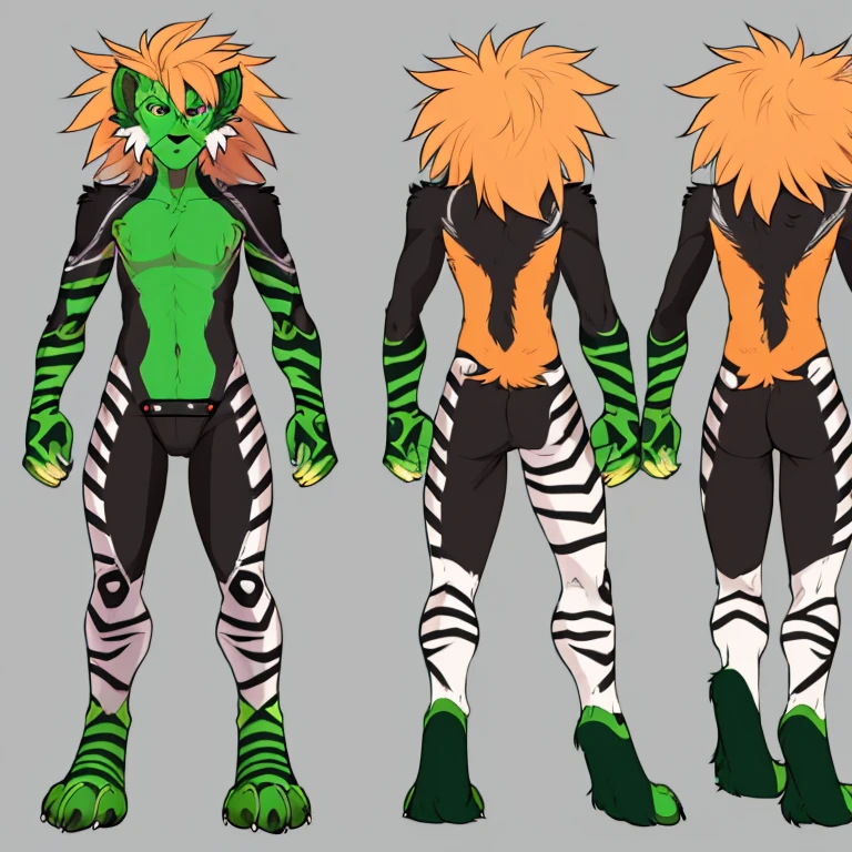 4K quality, character sheet of a sleek and lanky monkey anthro, black and white tones, fluffy hair with fluffy bangs, male and female matching pair, dark theme with purple and green tones, skeleton pattern, emo scene, lank skinny body tall