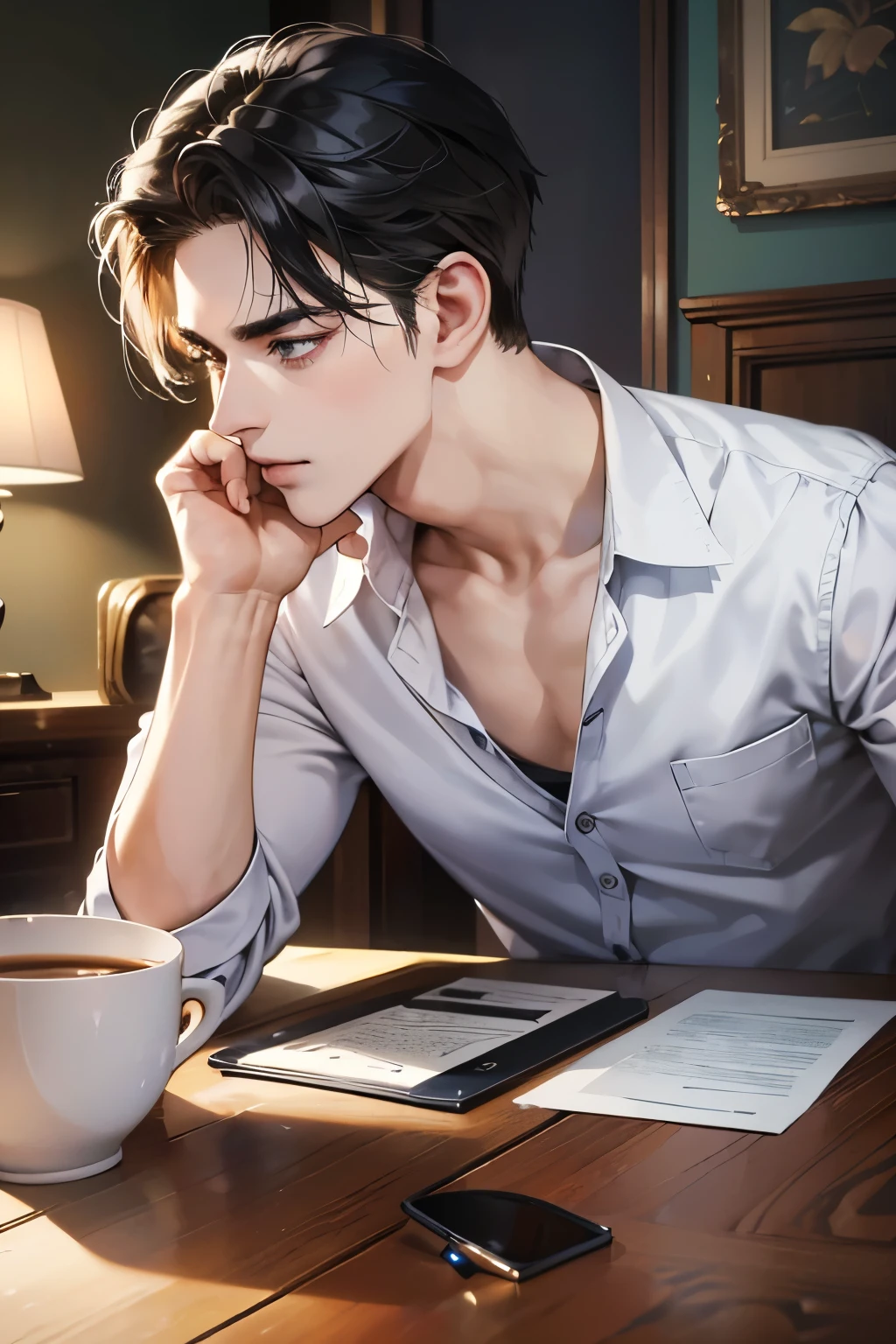 Masterpiece, best quality, (realistic, very detailed), boy, handsome face, short hair, black hair, green eyes, sorging face, drinking coffee, sweatpants and shirtless, seduction, sensual, atmosphere, (realism: 1.5), 8k, novel book cover, most beautiful man in the world, delicate features, young 20-28 years.