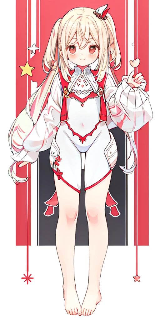 Body position: Standing, straight, symmetrical, barefoot, Lustful smile on face with red blush,