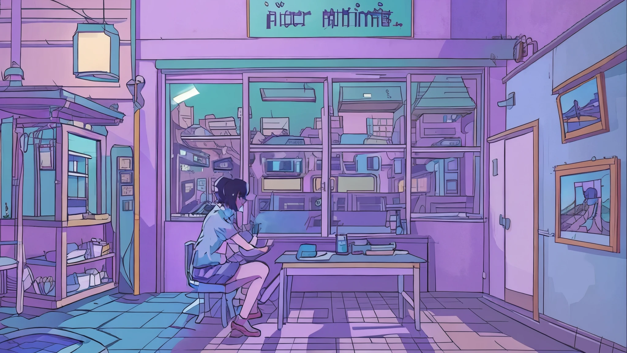 lofi girl, writing on a sheet propped on a table, in a room. 2D anime style. style makoto shinkai anime.