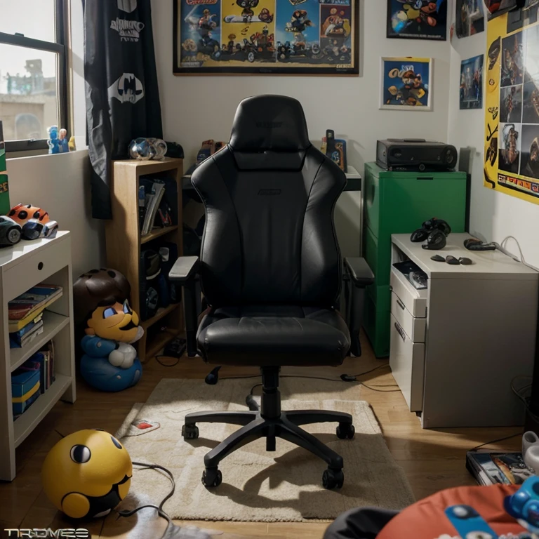 Imagem animada de um garoto de cabelos preto, playing video games in a messy room, geek references everywhere, bonecos, poster, references to Nintendo characters, alta qualidade 
