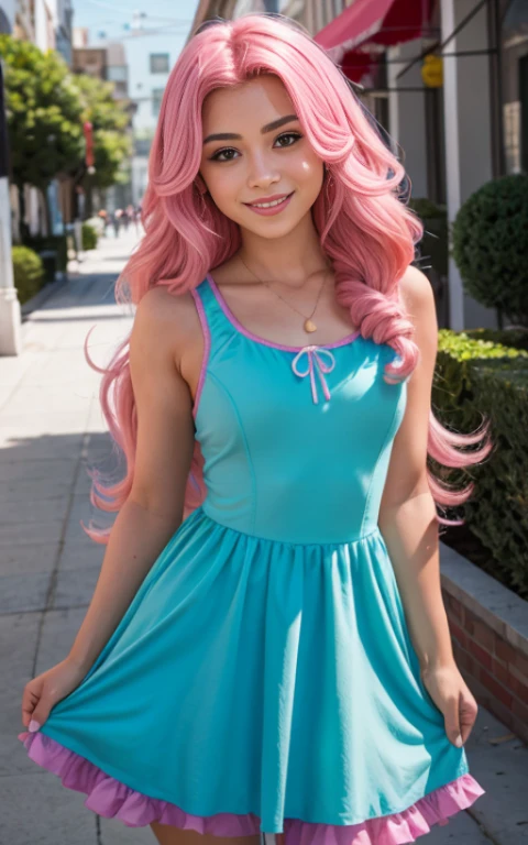 (La mejor calidad, Obra maestra), 1girl , beautiful teenage girl , chica americana , vestido, viento, Flor, Parte superior del cuerpo, fondo , Mirada seductora , small nose , cabello largo , vestido de pinkie pie, vestido de fiesta , maquillaje , labios rojos , sombra de ojos , gran sonrisa , fondo variado , cafeteria , senos grandes , cabello rosa esponjoso , cabello rosado , pelo rosa esponjoso, foto de cuerpo completo , posando linda , senos grandes , pinkie Pie ,mlp , globos de fiesta , divercion con amigas , equestria girls , my little pony
