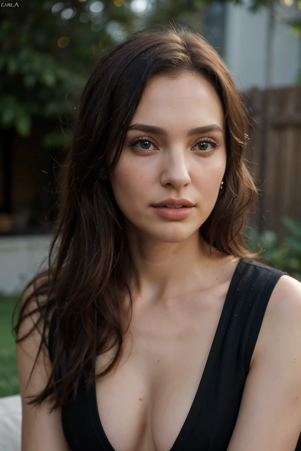 An ultra realistic image of a beautiful woman approximately 20 years old. The image will show a combination of hyperrealistic painting techniques, portrait photography, dramatic lighting and minute details. The focus will be on capturing facial expression and skin details, incluyendo texturas, poros y arrugas sutiles. A palette of soft colors and warm tones will be used to highlight the woman's natural beauty.. Que tenga rasgos faciales similares a Natalie Portman, Gal Gadot, ojos azules, that she is dressed like a goddess, with semi transparent silk fabrics in a garden