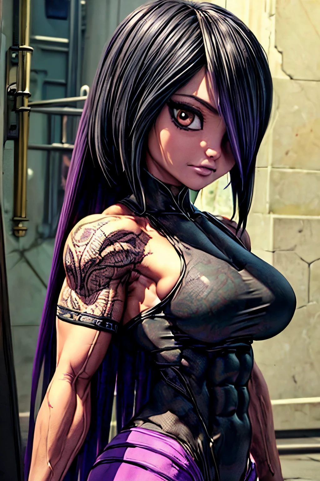 (best quality, masterpiece, high resolution),(side view:1.6), bodybuilder, (big muscles), (big pectorals), narrow waist, (face fierce and firm). is doing a body lift, lifting small barbells in both hands, great detail, insane detail, intricate detail, beautiful color grading, incredibly detailed and intricate, hyper maximal, elegant, hyperrealistic, super detailed ,(beautiful face: 2), beautiful woman face, thick muscular neck, matching neck, matching trapezius muscles, matching hair, slight smirk, neutral stare, glowing red eye-sight contrast, (8K UHD:1.2), (photorealistic:1.2),(masterpiece:1.4), (best quality:1.4),extremely detailed wallpaper, highly detailed illustrations, ((1 Girl)) , (super-complex details) official art, unity 8k wallpaper, ultra detailed, beautiful and aesthetic, masterpiece, best quality, ( zentangle, mandala, tangle, entangle), (fractal art:1.3) , masterpiece, , intricate detail,((bulking)),covered body upper body,(body builder:1.7), bodybuilder, fighter, killing machine, human killer, blood on her face, muscular, bob hair, busty, sexy, curvy, upper , from back angle, armpit, masterpiece, best quality, high quality, high definition, high quality texture, high quality shadow, high detail, beautiful detailed, fine detailed, extremely detailed cg, detailed texture, a realistic representation of the face, realistic, colorful , delicate, cinematic light, side light, Lens Flare, Ray Tracing, tailed beautiful delicate face, detailed beautiful delicate eyes, mature female, black and purple hair, long hair, black-top, purple-skirt ,bored, pompadour cut, muscular, toned, navel, booty, thick thighs, broad shoulders, big arm muscles, bicep's, meaty leg muscles, big upper body , at the gym, big muscular upper body, muscle being shown in clothes , thick eyelashes, makeup.