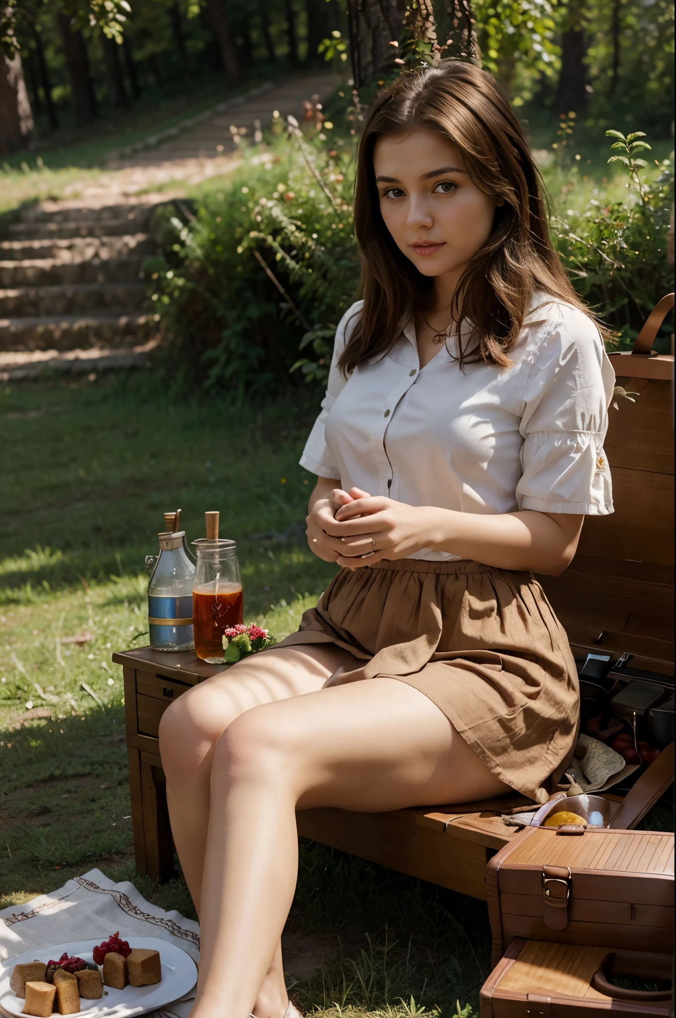 Russian plump woman with short brown hair in Russian clothes without a skirt with a girl sitting on a picnic in nature, Russian samovar, full-face,