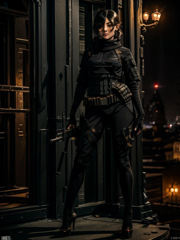 A masterpiece full body image of a woman wearing high heel with a long sleeve short black posing with her sniper rifle (Barrett .50). She is on top of an old European building. Cinematic lights, high detail, 4k image of uality