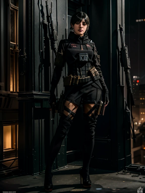 A masterpiece full body image of a woman wearing high heel with a long sleeve short black posing with her sniper rifle (Barrett .50). She is on top of an old European building. Cinematic lights, high detail, 4k image of uality