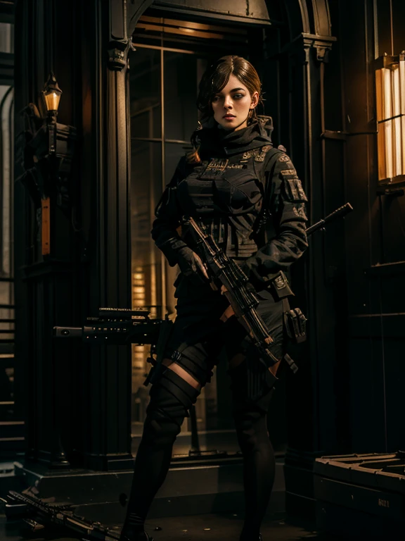 A masterpiece full body image of a woman wearing high heel with a long sleeve short black  posing with her sniper rifle (Barrett .50). She is on top of an old European building. Cinematic lights, high detail, 4k image of uality