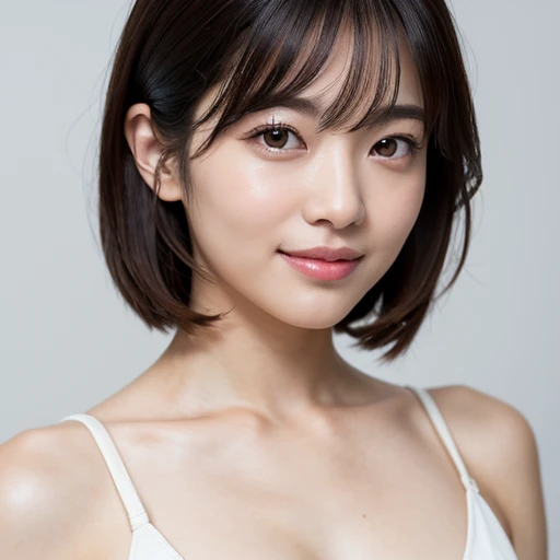 (Imada Mio:0.5), (Kawaguchi Haruna:0.9), photo of young Japanese woman, 1girl, Japanese, smile, upper body, tall and pretty woman, slender abs, medium breast, long black hair, wearing white dress, double eyelids, standing pose, standing in front of white wall at home, (Image, portrait), hyperrealistics style, (Top image, dslr, ultra quality, sharp focus, tack sharp, dof, crystal clear, 8K UHD), rim lighting, studio lighting, looking at the camera, highly detailed glossy eyes, high detailed skin, skin pores, beautiful, Super Fine Face, exquisitely rendered details on face and skin texture, organic, stunningly beauty, intricate design