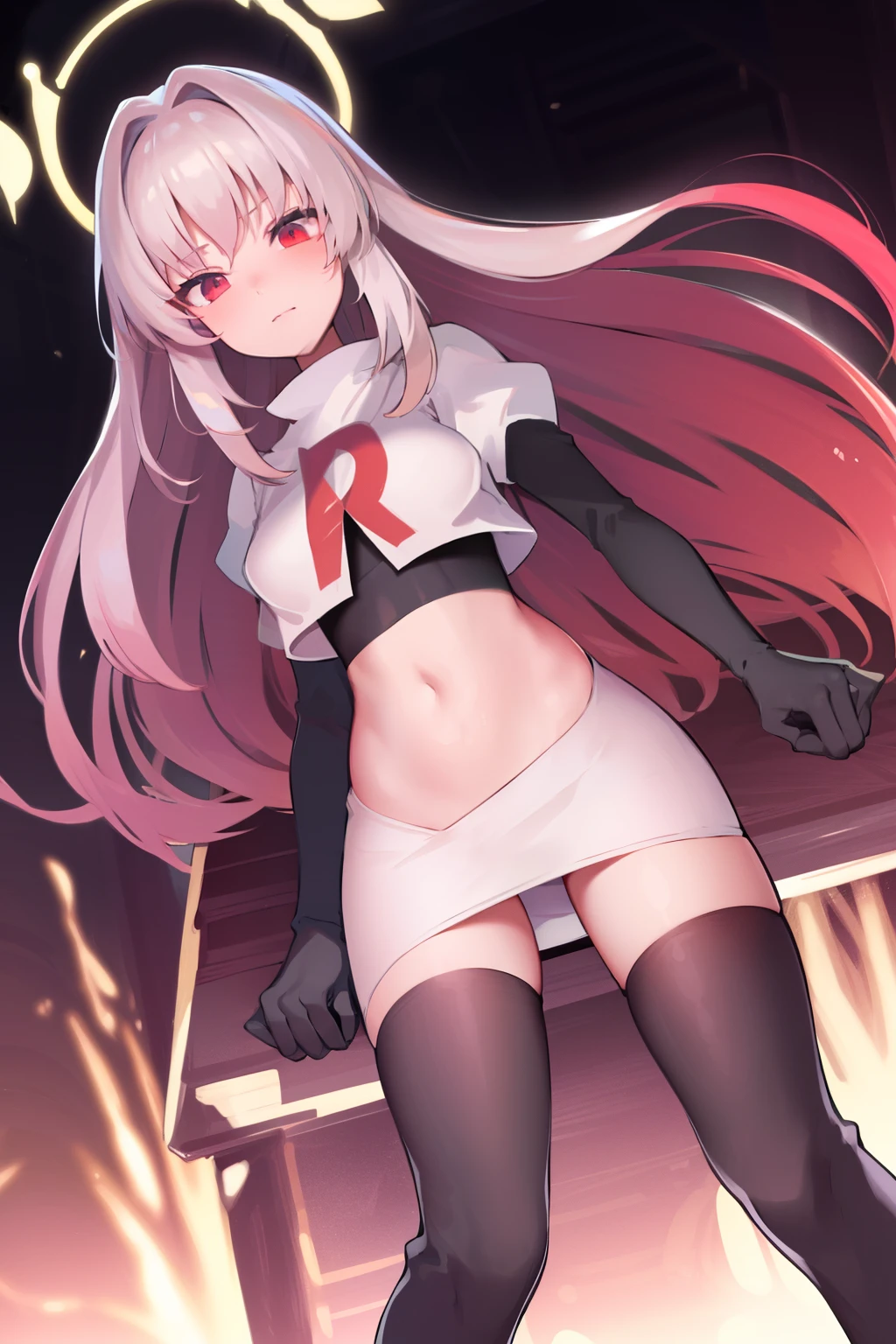 ((extreme detail)),(ultra-detailed),(painting), extremely detailed CG unity 8k wallpaper,best quality,sakurako, halo, looking at viewer, team rocket,team rocket uniform, red letter R, white skirt,white crop top,black thigh-highs,black elbow gloves,