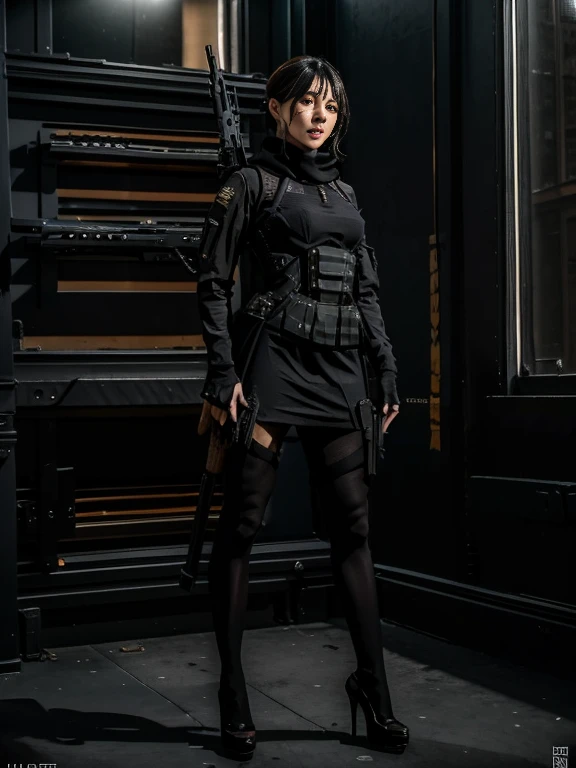 A masterpiece full body image of a woman wearing high heels with a long sleeve short black dress posing with her sniper rifle (Barrett .50). She is on top of an old European building. Cinematic lights, high detail, 4k image of uality