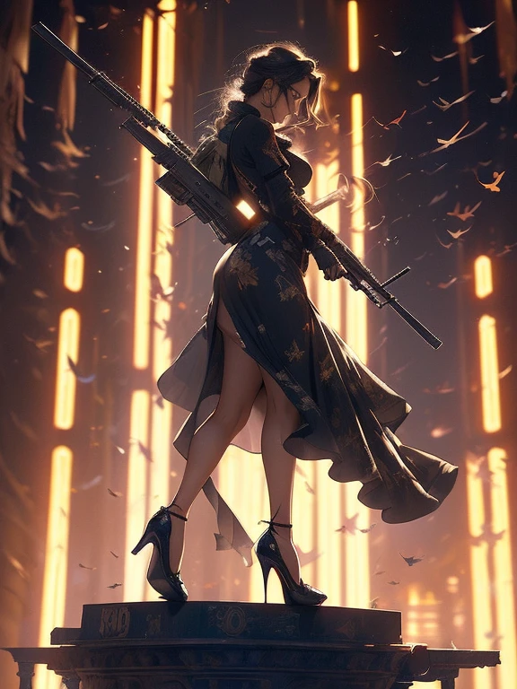 A masterpiece full body image of a woman wearing high heels with a long sleeve short black dress posing with her sniper rifle (Barrett .50). She is on top of an old European building. Cinematic lights, high detail, 4k image of uality